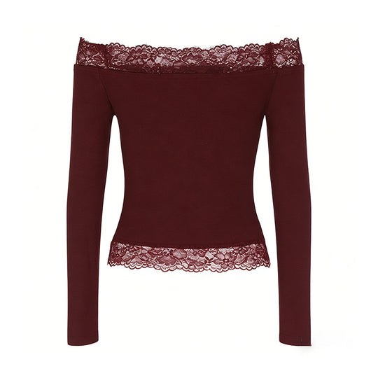 Damen elegantes Off-Shoulder Shirt mit Spitzenbesatz EB