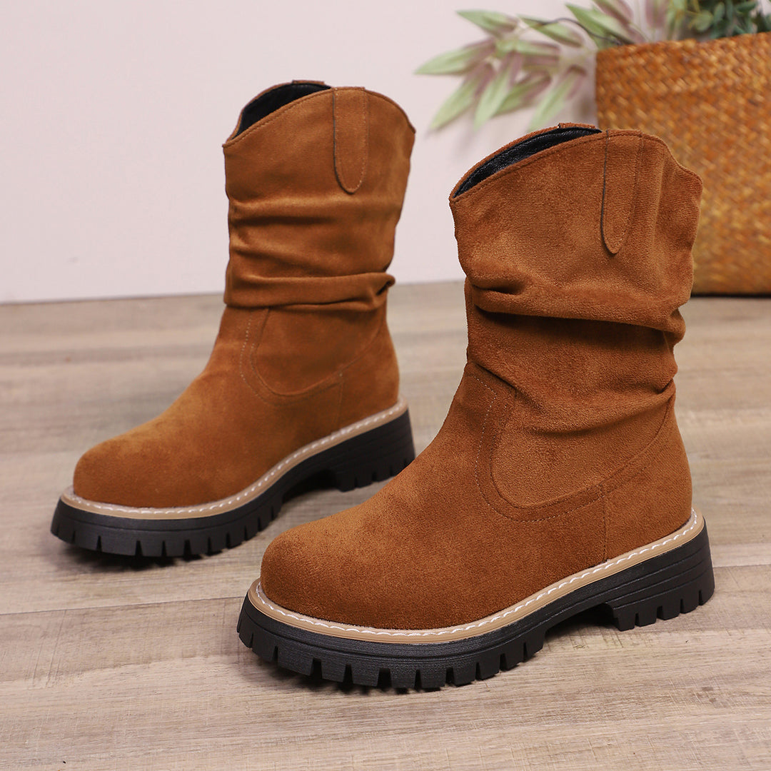 Damen weiche Wildleder-Stiefel mit lässigem Faltenlook und robuster Profilsohle EB