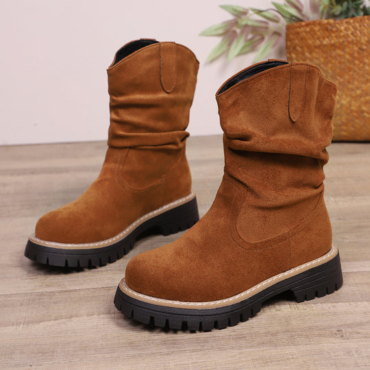 Damen weiche Wildleder-Stiefel mit lässigem Faltenlook und robuster Profilsohle EB