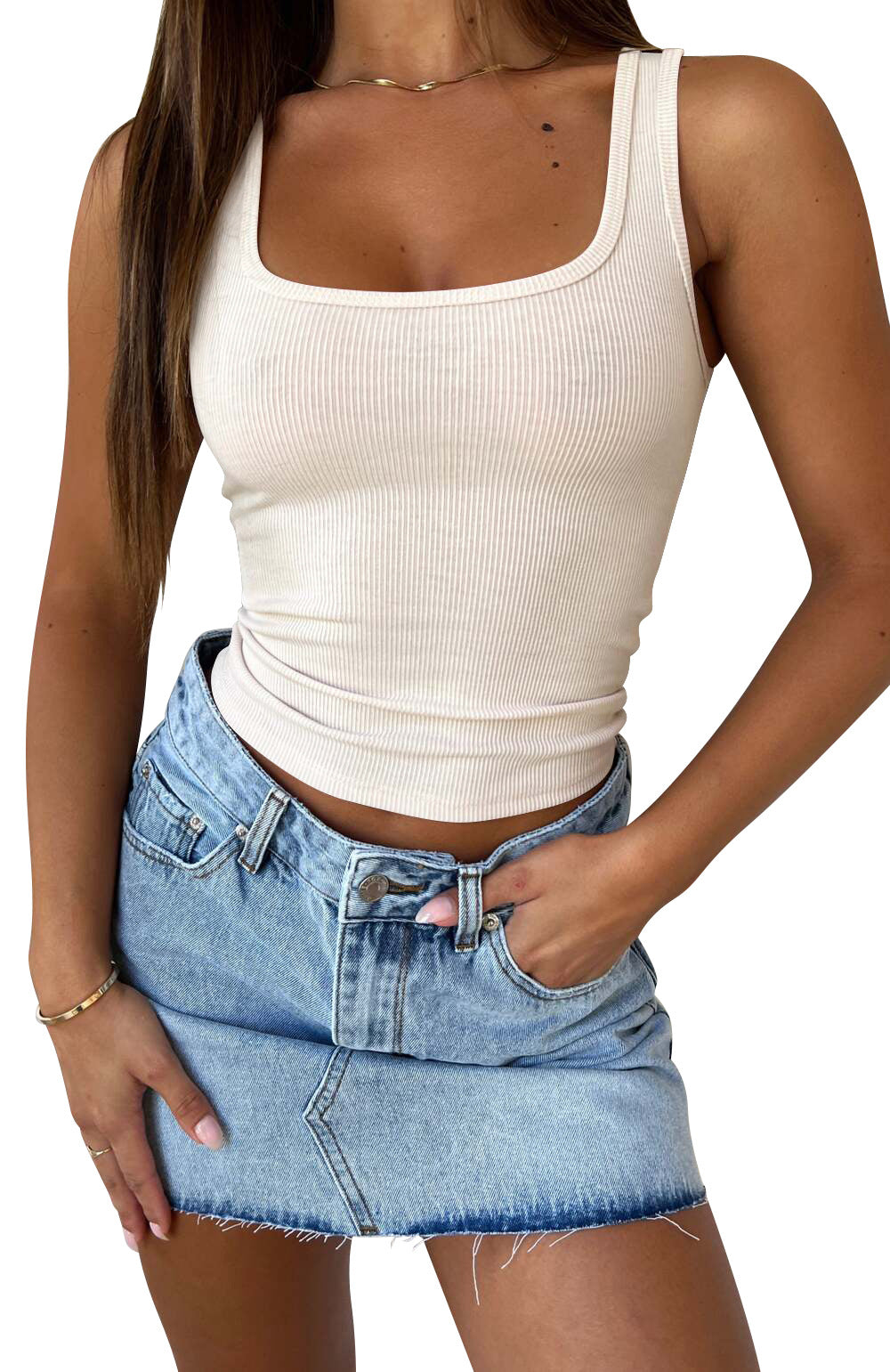 Damen figurbetontes Ripp-Top mit Quadrat-Ausschnitt EB