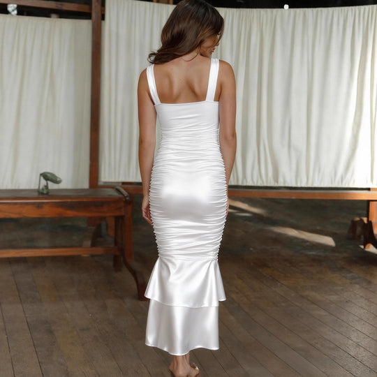 Damen Figurbetontes Satin-Maxi-Kleid mit Rüschendetails EB