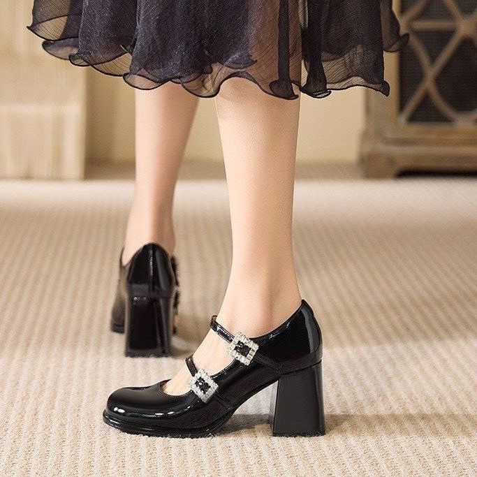 Damen elegante Mary Jane Pumps mit funkelnden Schnallen EB