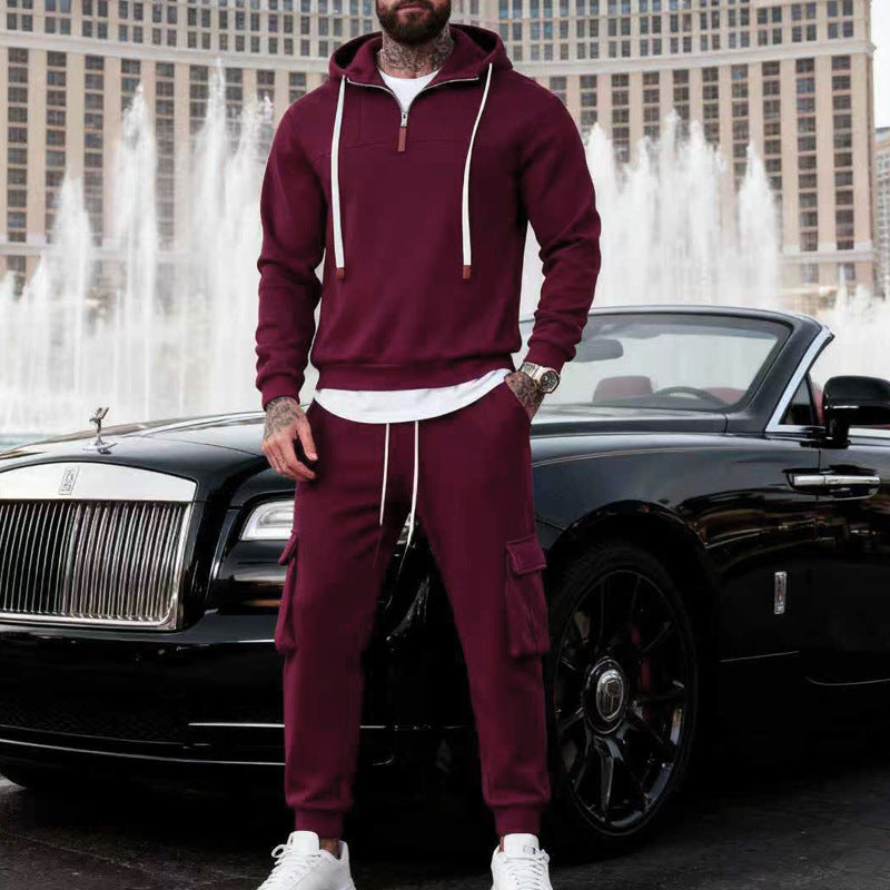 Herren nan lässiger Fleece-Jogginganzug mit halbem Reißverschluss und Cargo-Taschen EB
