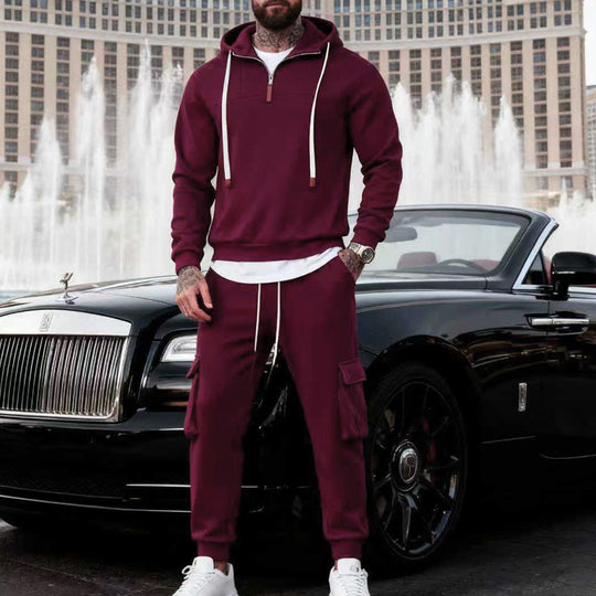 Herren nan lässiger Fleece-Jogginganzug mit halbem Reißverschluss und Cargo-Taschen EB