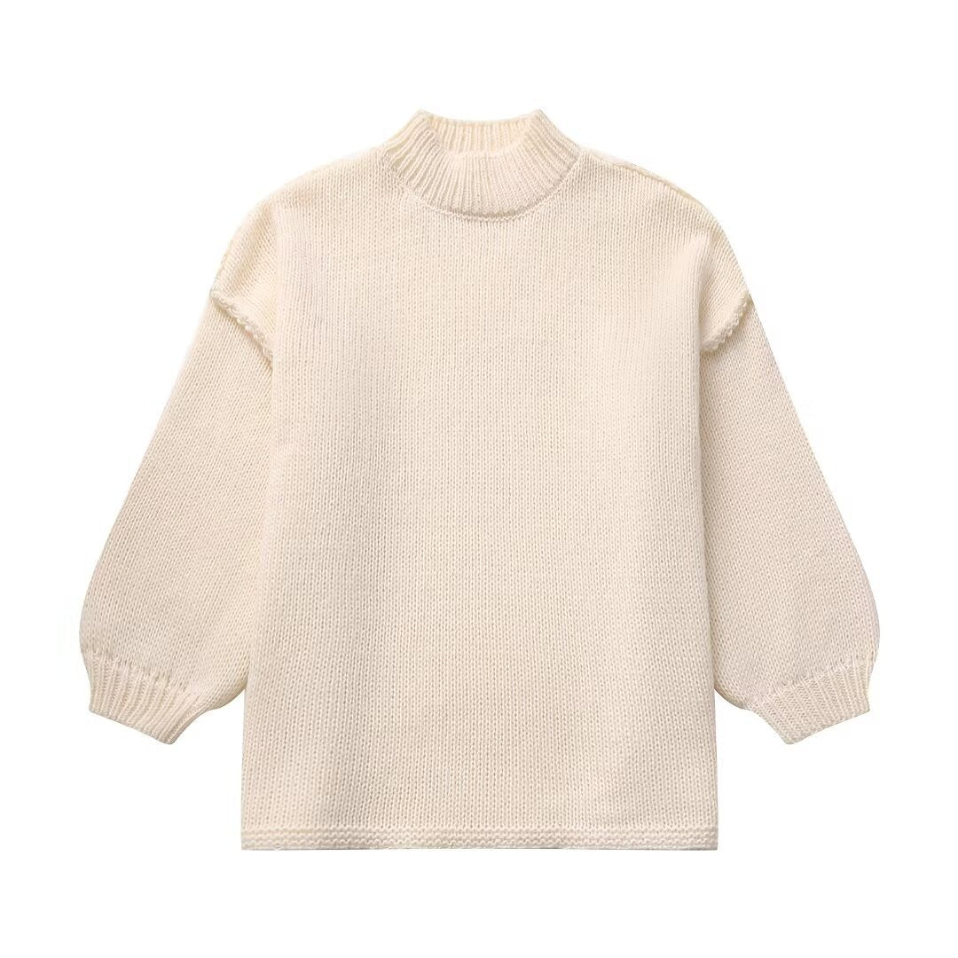 Damen lockerer Strickpullover mit hohem Kragen und überschnittenen Schultern EB