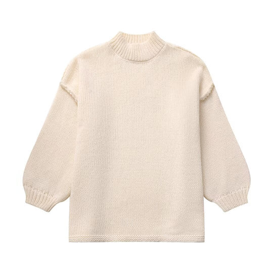 Damen lockerer Strickpullover mit hohem Kragen und überschnittenen Schultern EB