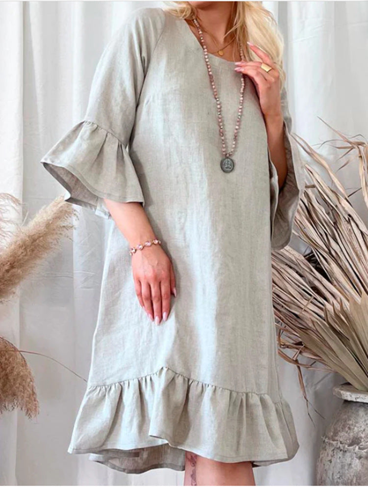Damen Leichtes Leinenkleid mit Rüschendetails und weitem Schnitt EB