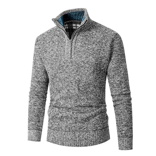 Herren nan grobgestrickter Halfzip-Pullover mit Stehkragen und karierter Krageninnenseite EB