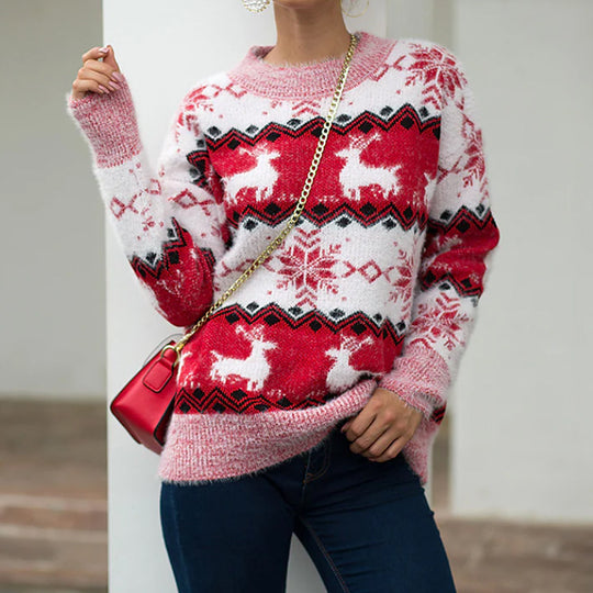 Damen gemütlicher Weihnachtspullover mit festlichem Rentierdesign EB