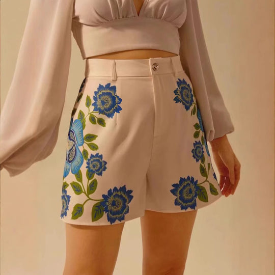 Damen Shorts mit floralem Design und hoher Taille EB