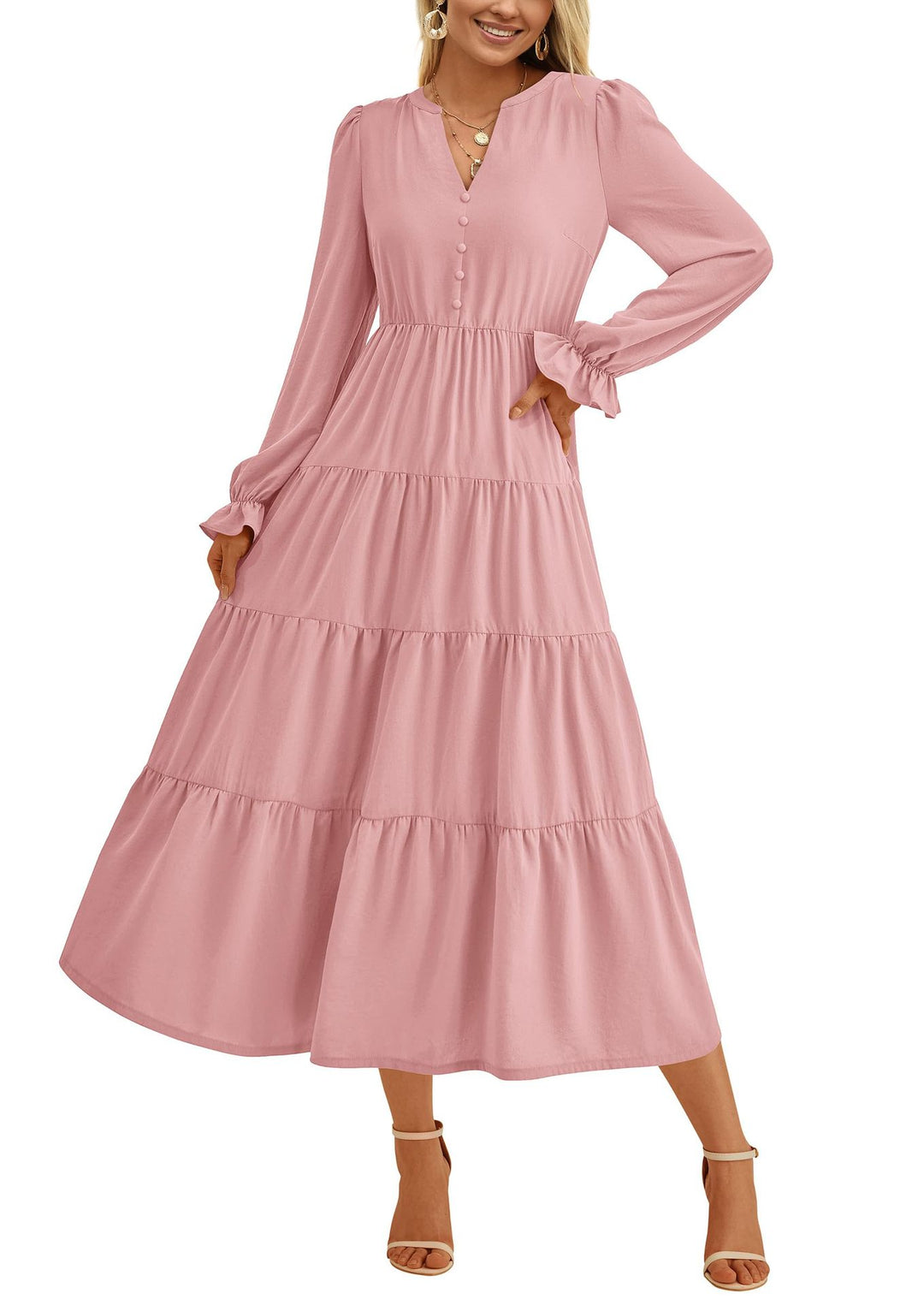 Damen Maxikleid mit romantischen Rüschendetails und elegantem V-Ausschnitt EB