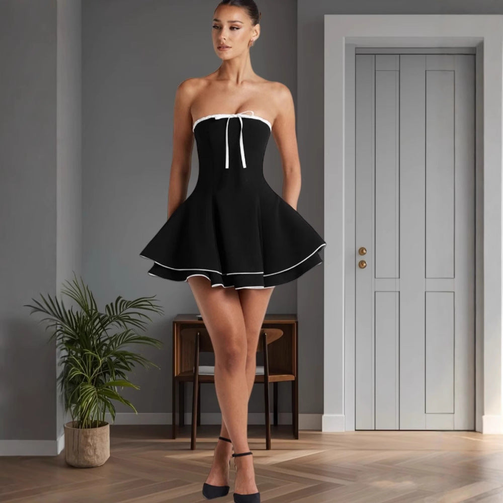 Damen Strapless Freizeitkleid mit voluminösem Schnitt und dekorativem Bindeband EB
