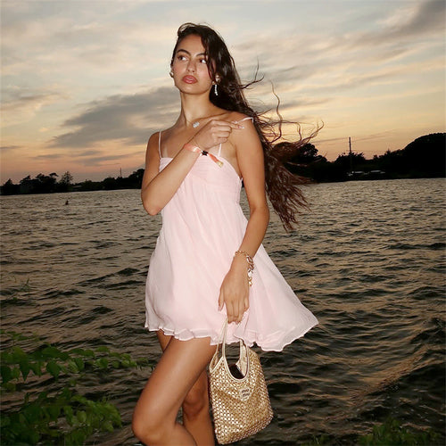Damen Sommerliches Minikleid mit zarten Spaghettiträgern und schwingendem Rock EB