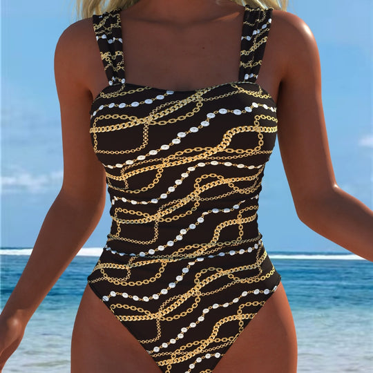 Damen einteiliger Badeanzug mit glamourösem Kettenmuster und breiten Trägern EB
