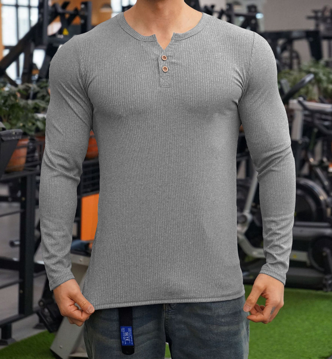 Herren Langarmshirt mit strukturiertem Design und Knopfleiste EB