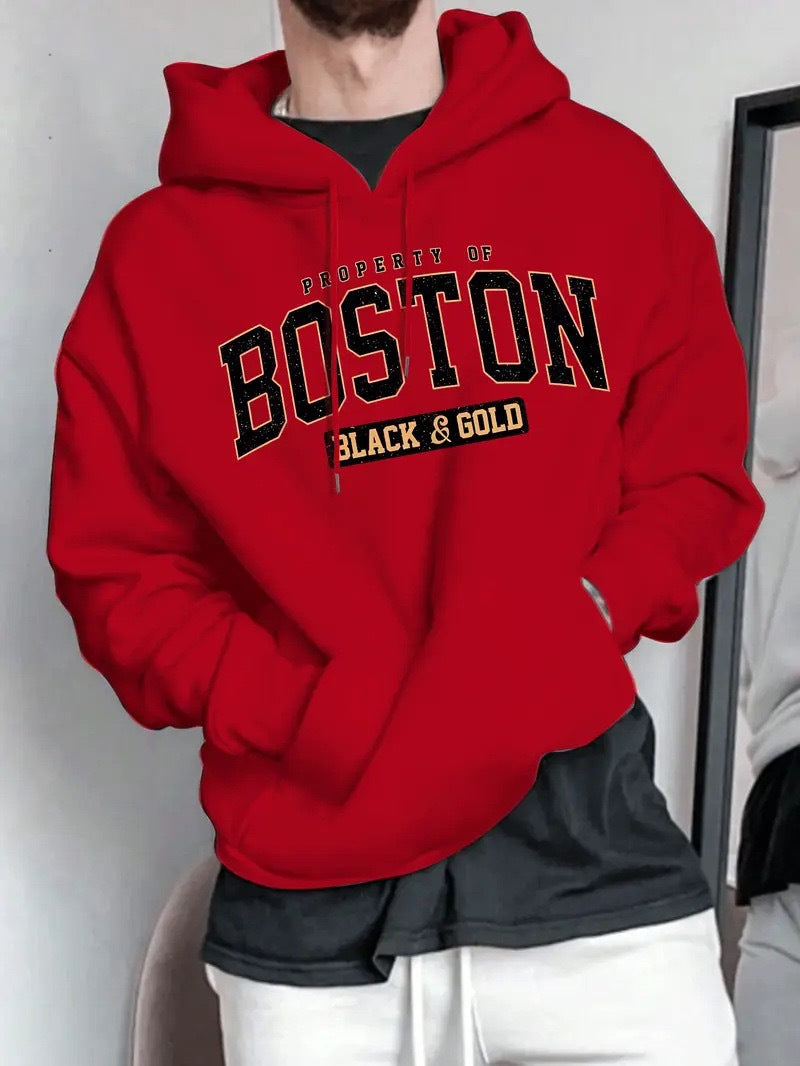 Herren Kapuzensweater mit auffälligem Boston-Print und weicher Innenseite EB