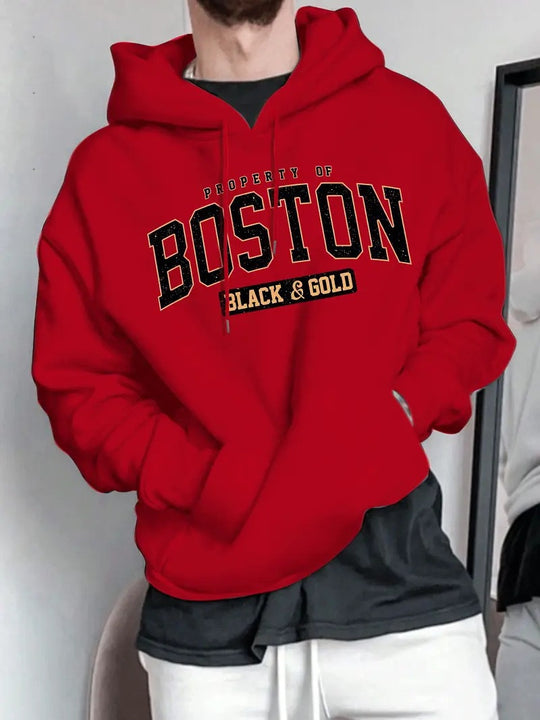 Herren Kapuzensweater mit auffälligem Boston-Print und weicher Innenseite EB