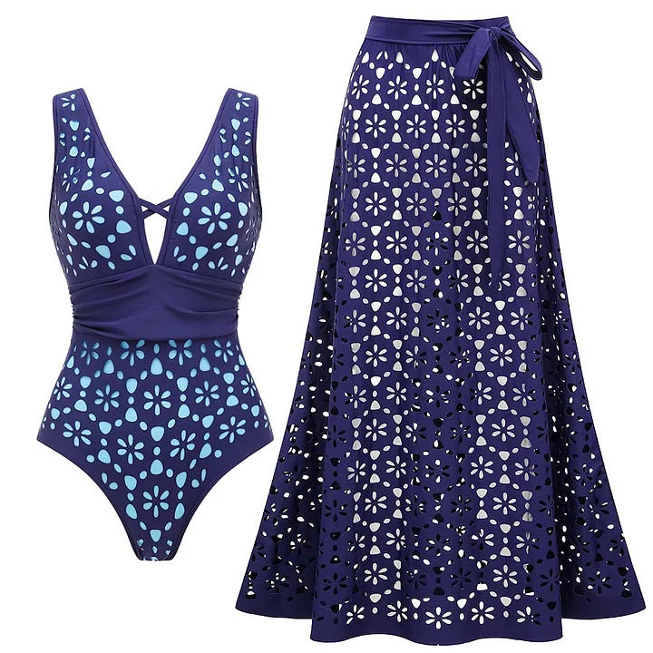 Damen Badeanzug und Rock mit floralen Ausschnitten EB
