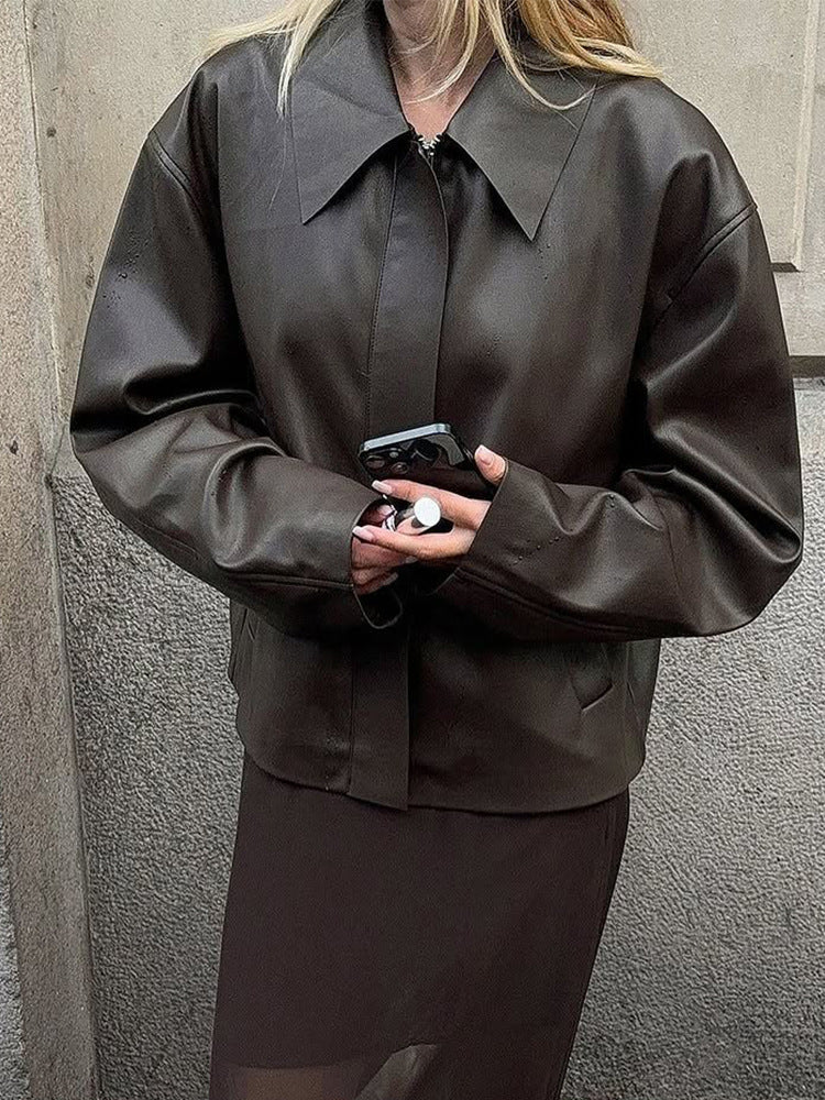Damen modische Kunstlederjacke mit oversized Design EB