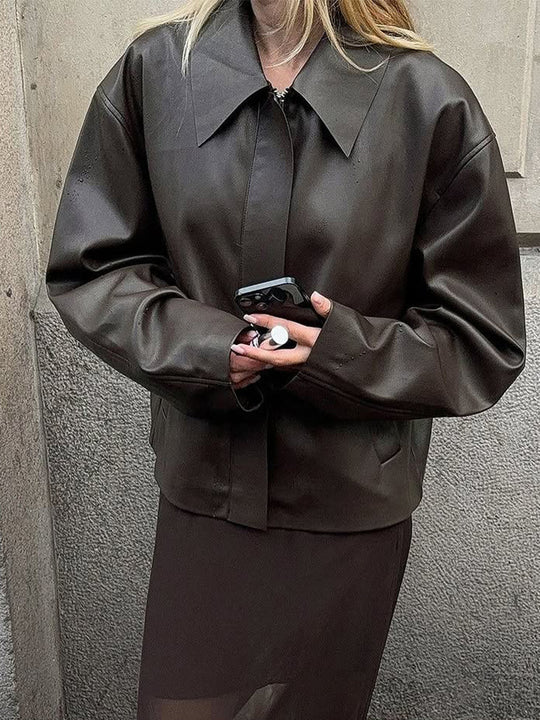 Damen modische Kunstlederjacke mit oversized Design EB