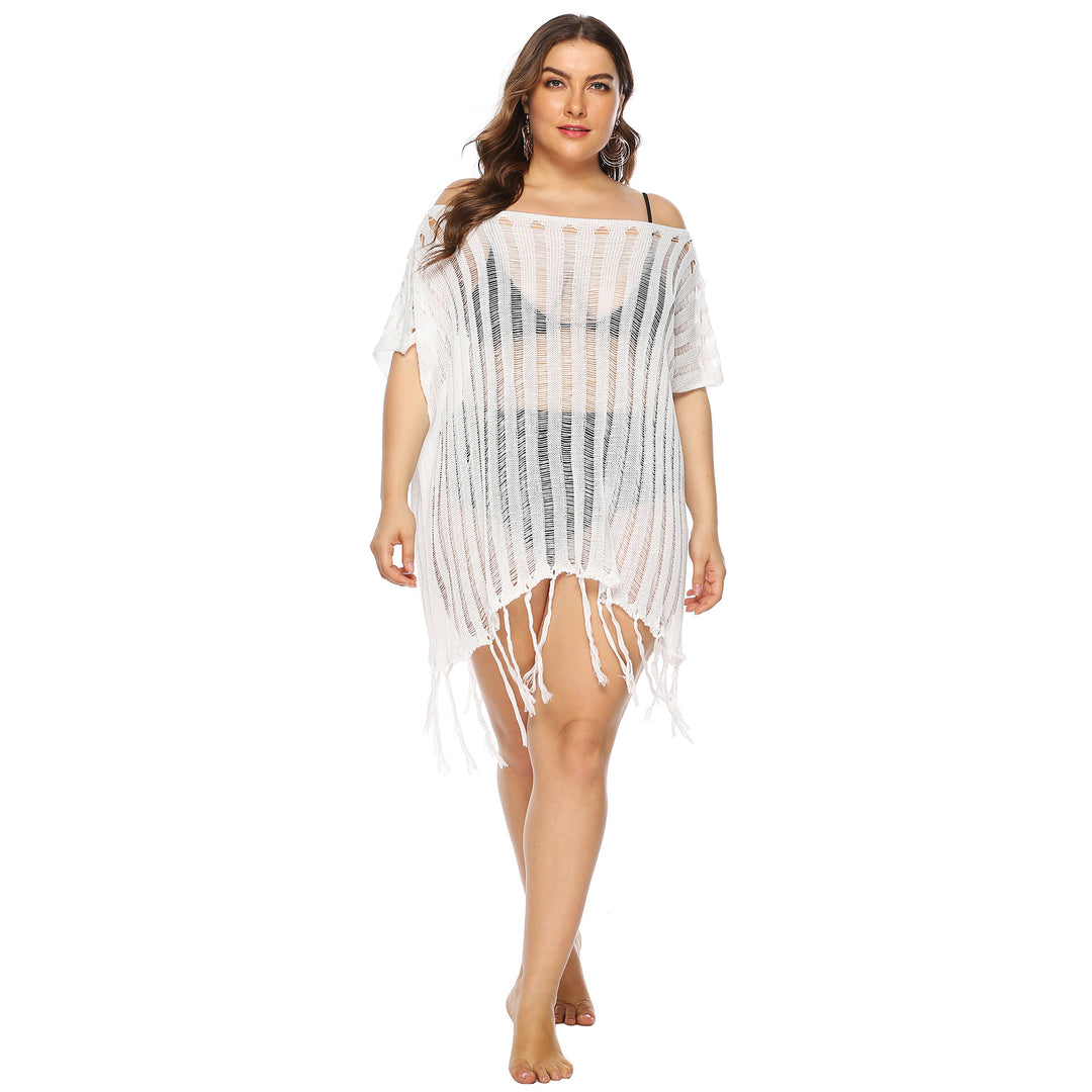 Damen luftiger Häkel-Strandüberwurf mit trendy Fransen EB