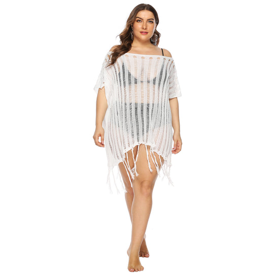 Damen luftiger Häkel-Strandüberwurf mit trendy Fransen EB