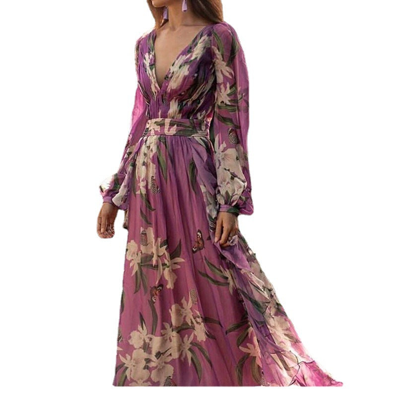 Damen Maxi-Kleid mit floralem Chiffon und elegantem Volant EB