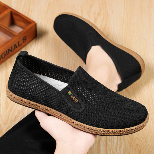 Herren nan atmungsaktiver Strick-Slip-On Loafer mit elastischem Einstieg, geflochtener Dekor-Sohle und gepolstertem Komfortfußbett EB