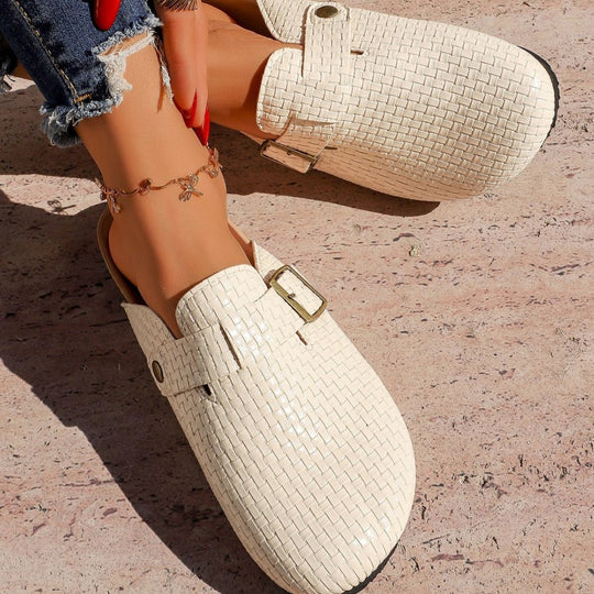 Damen Leder Clogs mit modischem Flechtmuster und verstellbarem Riemen EB