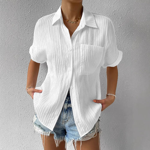 Damen lässige kurzärmlige Bluse mit Struktur und Brusttasche EB