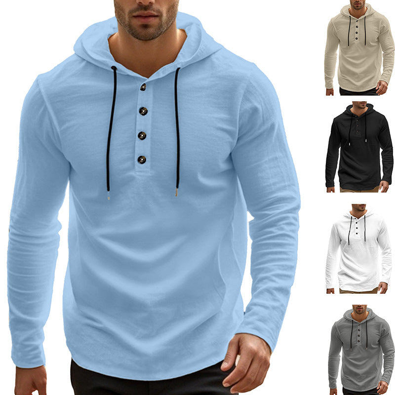 Herren nan lässiger Kapuzenpullover im Henley‑Stil mit Knopfleiste und verstellbarem Kordelzug EB