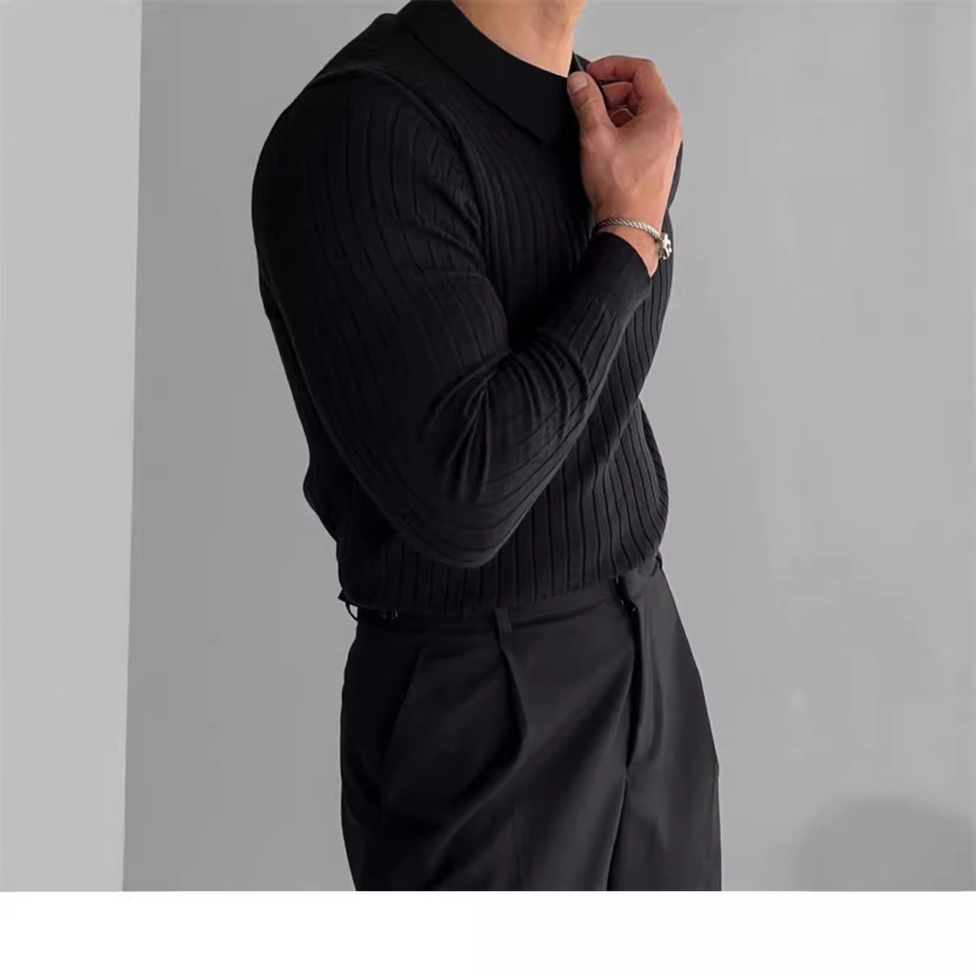 Herren nan figurbetontes Rippstrick-Polopullover mit offenem V-Ausschnitt und schmaler Passform EB