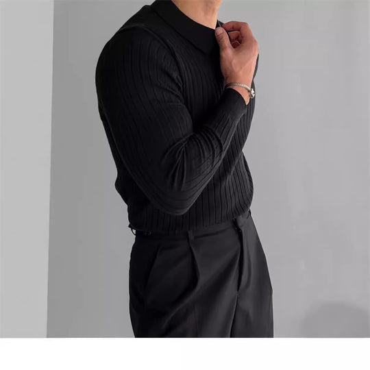 Herren nan figurbetontes Rippstrick-Polopullover mit offenem V-Ausschnitt und schmaler Passform EB