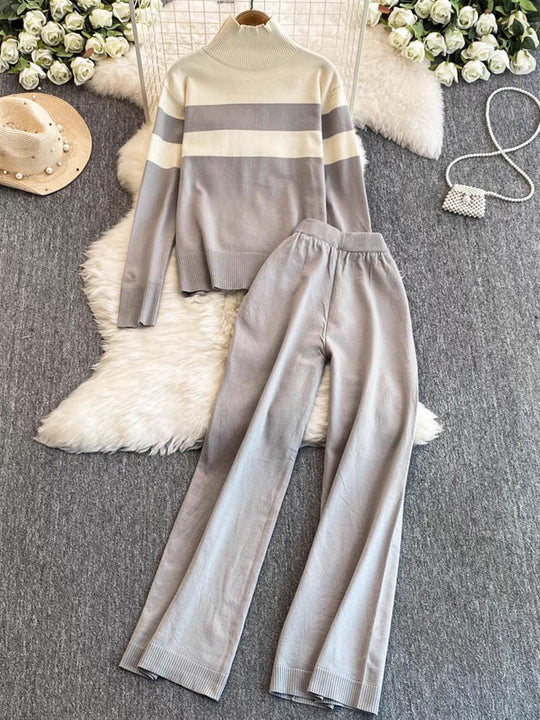 Damen modisches Strick-Loungewear-Set mit hohem Kragen und breiten Streifen EB