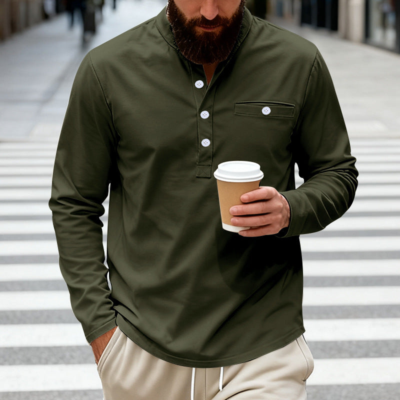 Herren nan langärmeliges Henley-Shirt mit Stehkragen, Brusttasche und dekorativer Knopfleiste EB