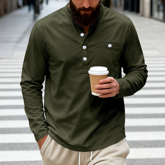 Herren nan langärmeliges Henley-Shirt mit Stehkragen, Brusttasche und dekorativer Knopfleiste EB