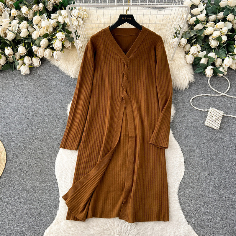 Damen elegantes Strickanzug mit V-Ausschnitt und weitem Bein EB