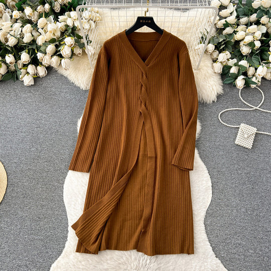 Damen elegantes Strickanzug mit V-Ausschnitt und weitem Bein EB
