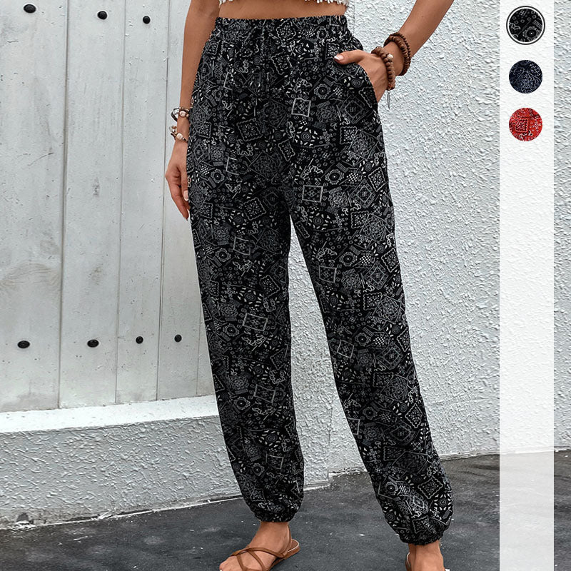 Damen Boho-Haremshose mit elastischem Taillenbund, Kordelzug und Seitentaschen EB