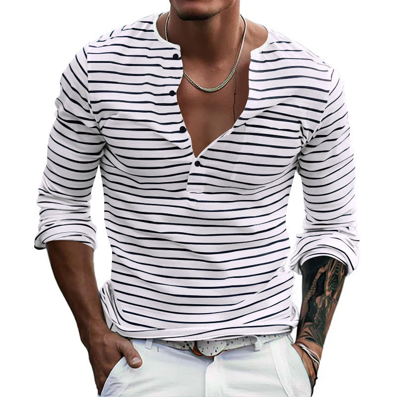 Herren gestreiftes Langarm-Hemd mit Knopfleiste und V-Ausschnitt EB