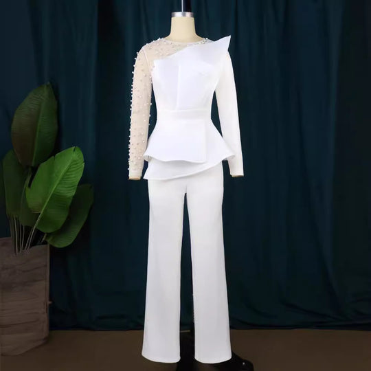 Damen eleganter Jumpsuit mit asymmetrischem Oberteil und raffiniertem Rüschendesign EB