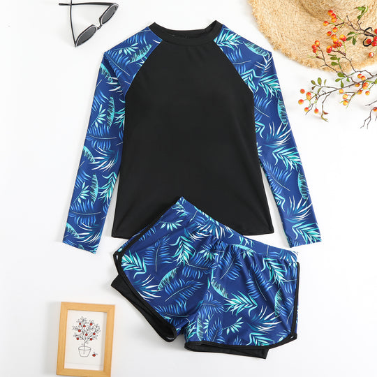 EB | Langarm Print Spleißen Doppelhose Tankini Badeanzug