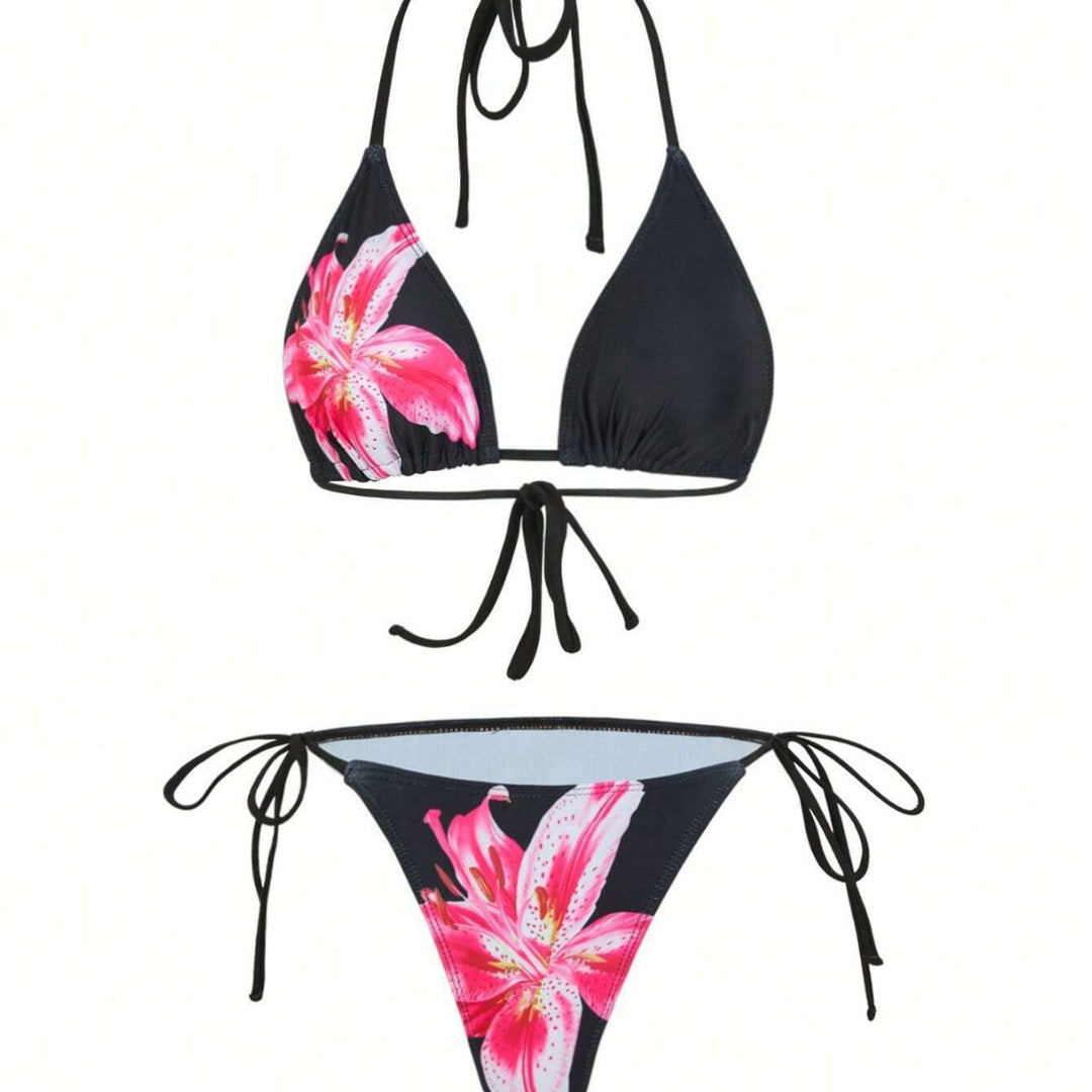 Damen Triangel-Bikini-Set mit floralen Mustern und transparentem Maxirock EB