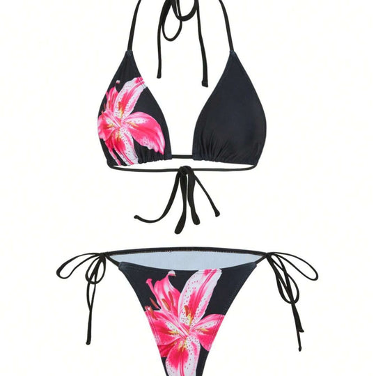 Damen Triangel-Bikini-Set mit floralen Mustern und transparentem Maxirock EB