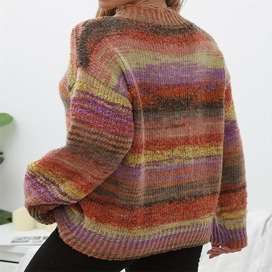 Damen Strickpullover mit buntem Wellenmuster und hohen Kragen EB