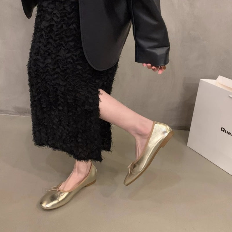 Damen Ballerinas mit funkelnder Metallic-Oberfläche und zartem Schleifendesign EB