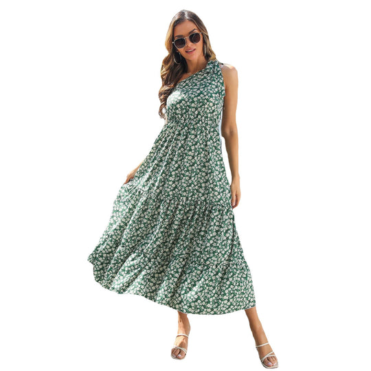 Damen Maxikleid mit asymmetrischem Träger und voluminösem Rock EB