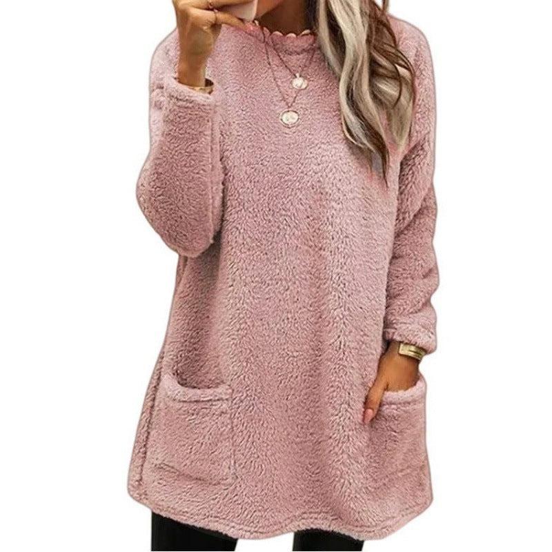 Damen nan kuscheliger langer Teddy-Pullover Oversize mit Rundhalsausschnitt und Eingrifftaschen EB