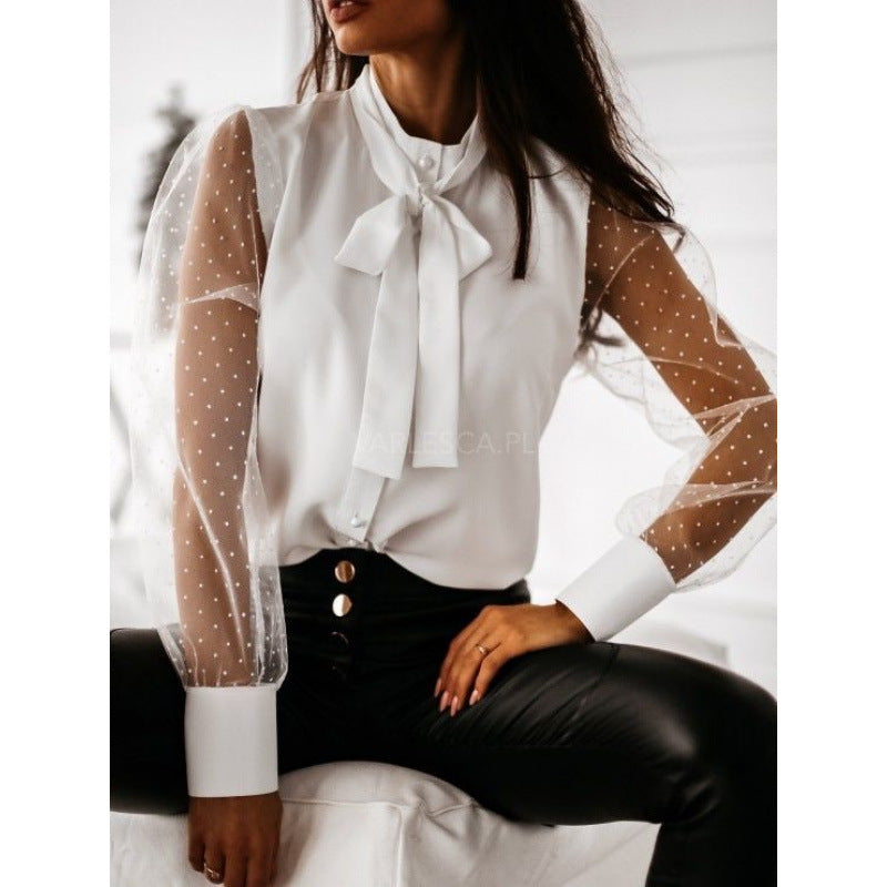 Damen Bluse mit transparenten Puffärmeln und filigranem Schleifen-Detail EB