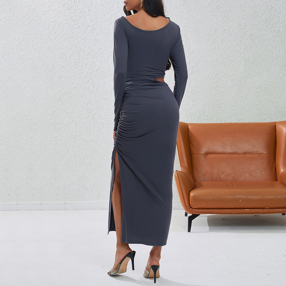 Damen eng anliegendes Maxikleid mit langem Arm seitlichem Cut-Out geraffter Hüfte und hohem Beinschlitz Eichborn Berlin